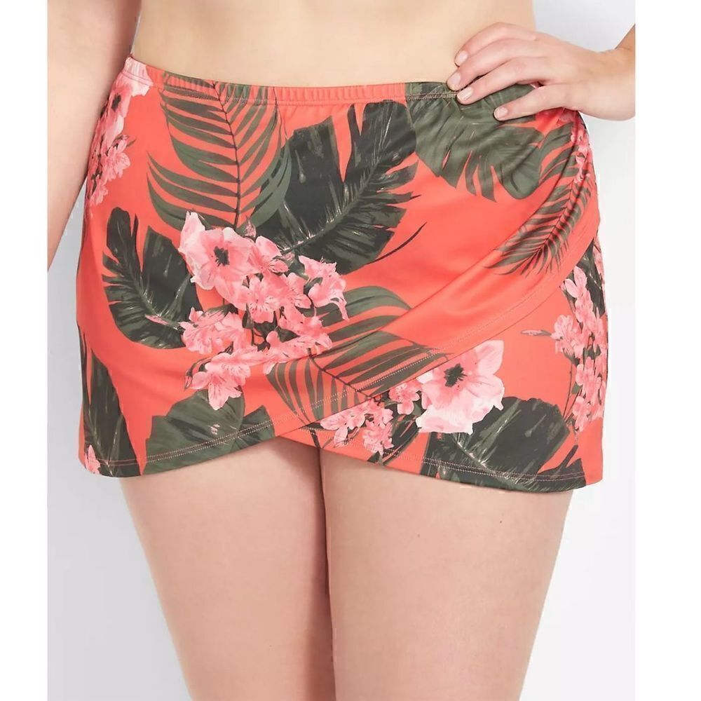 Cacique by Lane Bryant Faux-Wrap Swim Skirt in Coral Botanical Floral